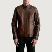 Zen Patine Usée Marron Veste Motard en Cuir pour Homme - Vue de profil avec coupe de manche ergonomique