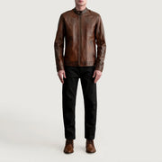 Vue détaillée of Snap Button &amp; Zipper Hardware on Zen Patine Usée Marron Veste Motard en Cuir pour Homme