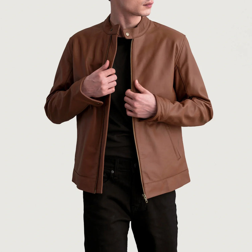Zen Matte Marron Veste Motard en Cuir pour Homme