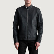 Zen Tumbled Noir Veste Motard en Cuir pour Homme in Tumbled Black Sheepskin Leather - Vue de face &amp; silhouette ajustée | Acheter en ligne