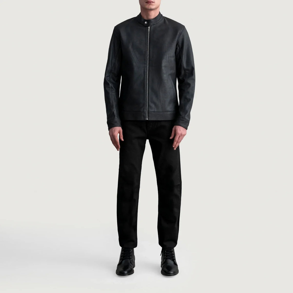 Vue détaillée of Snap Button &amp; Zipper Hardware on Zen Tumbled Noir Veste Motard en Cuir pour Homme