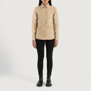 Women's Zenith Beige Leather Shirt Jacket - Vue de profil avec coupe de manche ergonomique