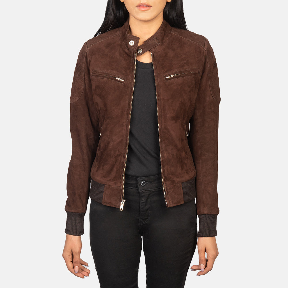 
Zenna Mocha Suede Bomber Jacket in Brown Goat Suede - Vue de face & silhouette ajustée | Acheter en ligne