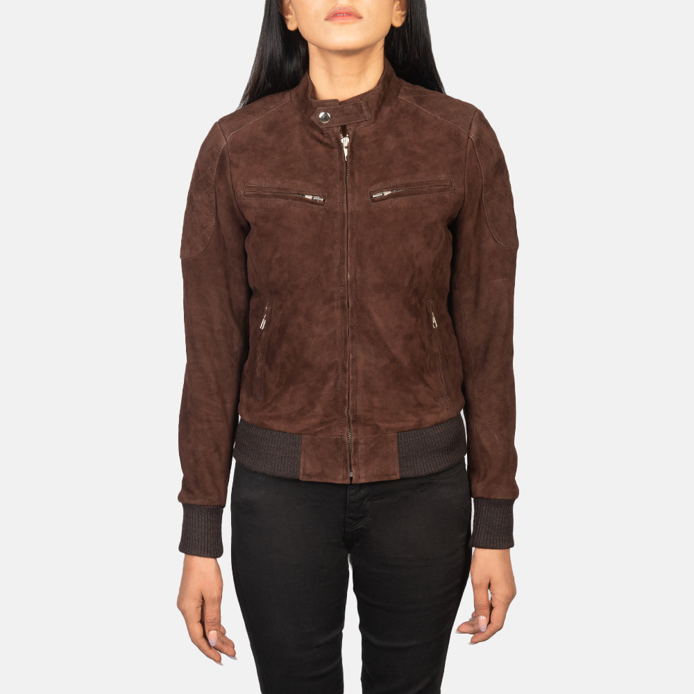 
Vue détaillée of Band with Snap Button & Zipper Hardware on Zenna Mocha Suede Bomber Jacket