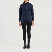 Zest Blue Hooded Suede Pullover Jacket - Vue de profil avec coupe de manche ergonomique